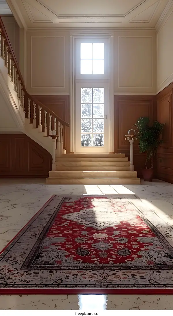 Red Rug in a Grand Staircase with Light Streaming Through a Window