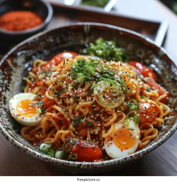 bowl of noodles with tomatoes and eggs