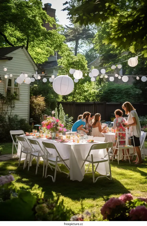 A group of people are having a party in a backyard.