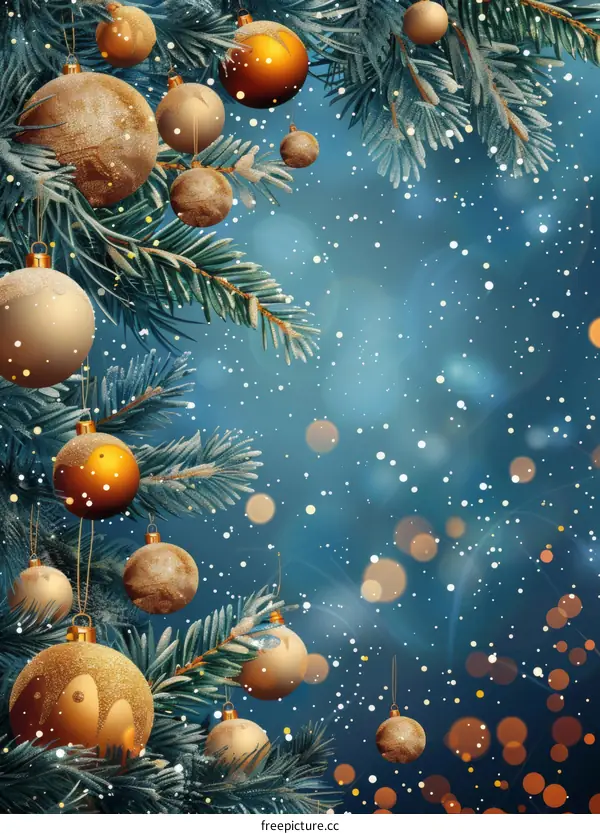 Festive Christmas Tree with Ornaments and Snowflakes on Blue Background