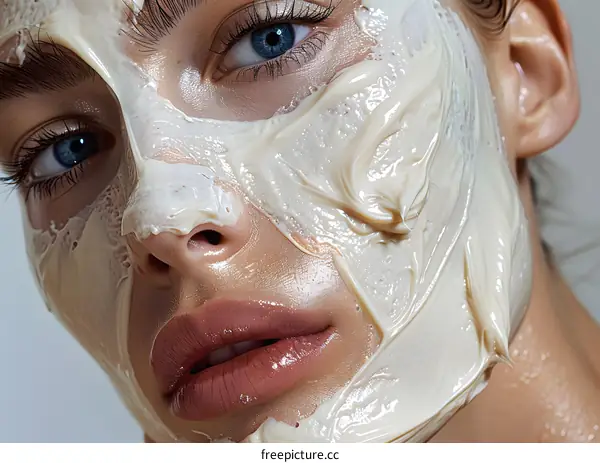 Close-up portrait of a young woman with a white facial mask on her face