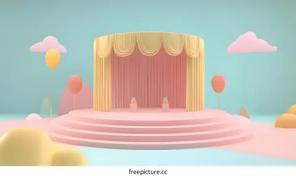 3D Rendered Pastel Pink Stage with Yellow Curtains and Balloons