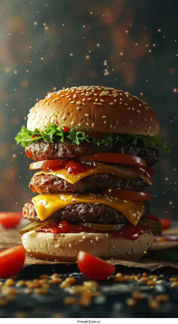A mouthwatering triple cheeseburger with all the fixings