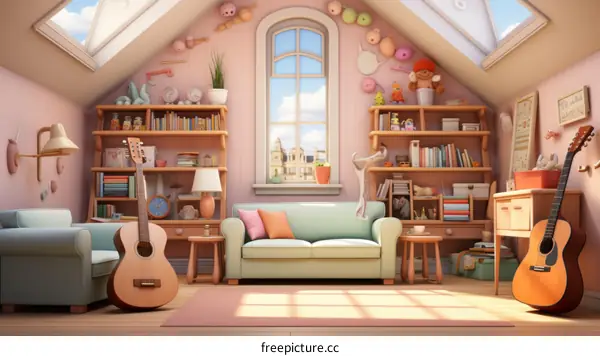 Cozy Attic Room with Guitars, Books and Sofa