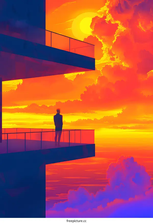 Silhouette of a Man on a Rooftop Balcony at Sunset