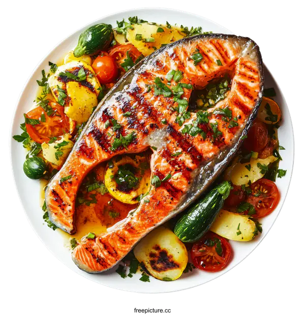 [Transparent Background PNG]Grilled Salmon with Roasted Vegetables