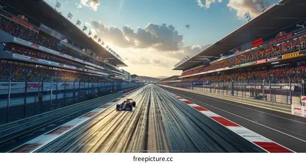 Formula One car racing down a track with grandstands full of spectators