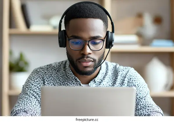 Focused African Man Working on Laptop with Headphones
