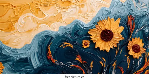 Abstract Sunflower Painting in Blue and Yellow Colors