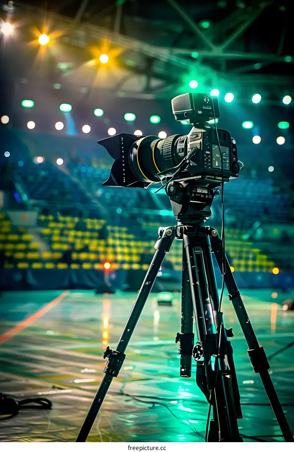 Professional Camera on Tripod with Lights in the Background