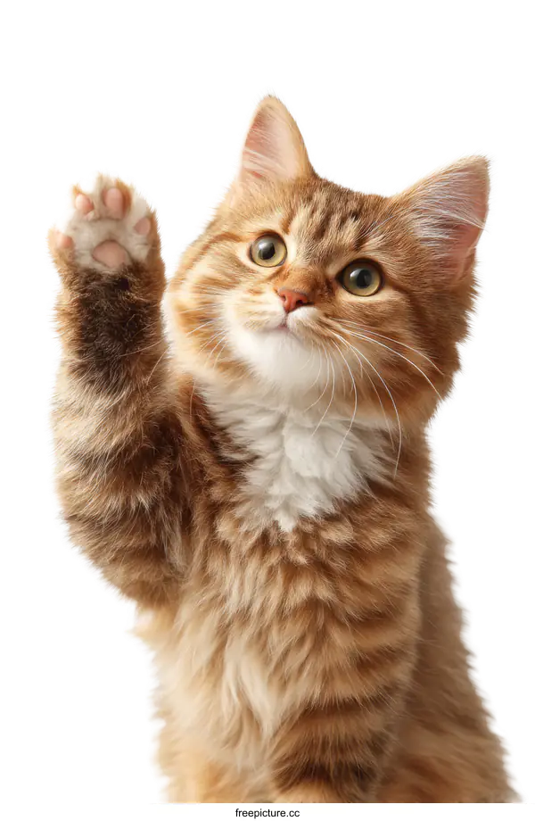 [Transparent Background PNG]Adorable Kitten Raising Paw on White Background