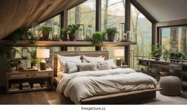 A cozy bedroom with a beautiful view of the forest