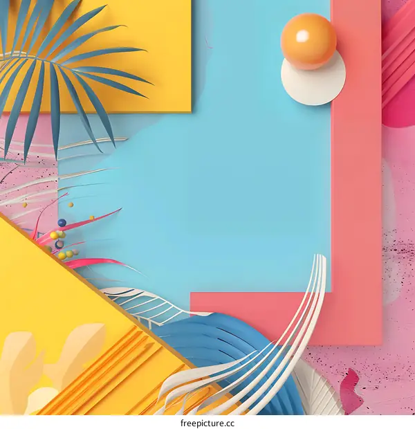 Abstract Summer Background with Geometric Shapes and Tropical Leaves