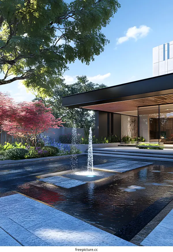 Modern Minimalist Fountain in a Garden