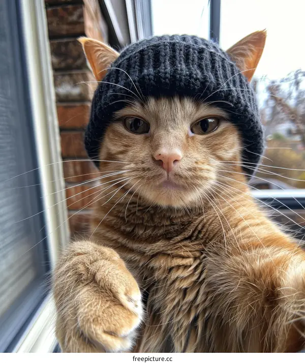 ginger cat wearing a black beanie