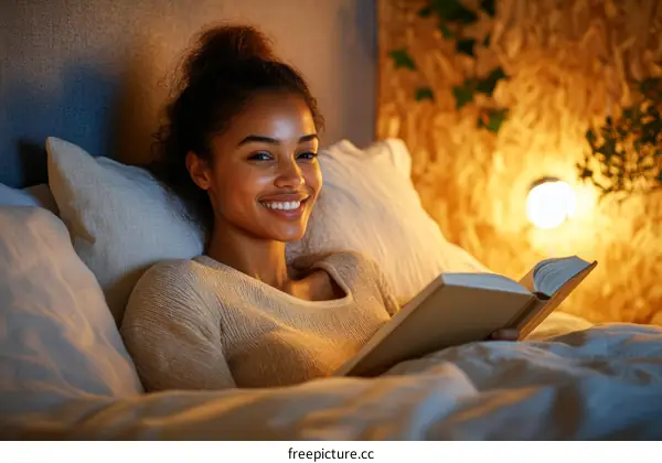 Woman Reading Book in Bed at Night