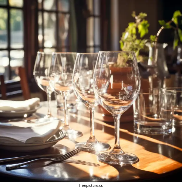 An empty restaurant table set with wine glasses and sunlight streaming through the windows
