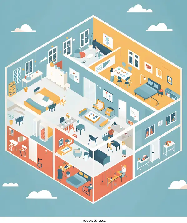 Modern Home Interior Design with People Inside Illustration