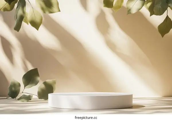 Elegant Minimalist Product Display with Soft Sunlight and Leaves