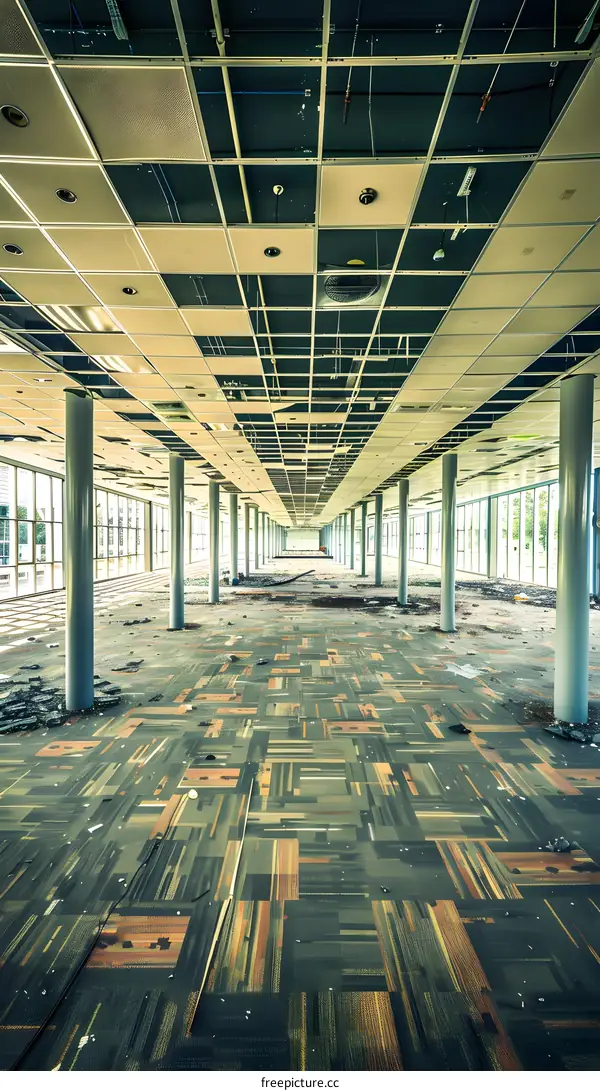 Abandoned Office Building Interior with Exposed Ceiling and Damaged Carpet