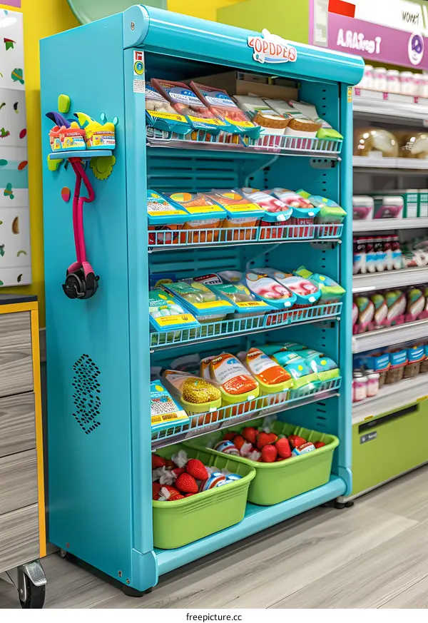 Blue and Green Refrigerator Shelves with Food Items and Toys