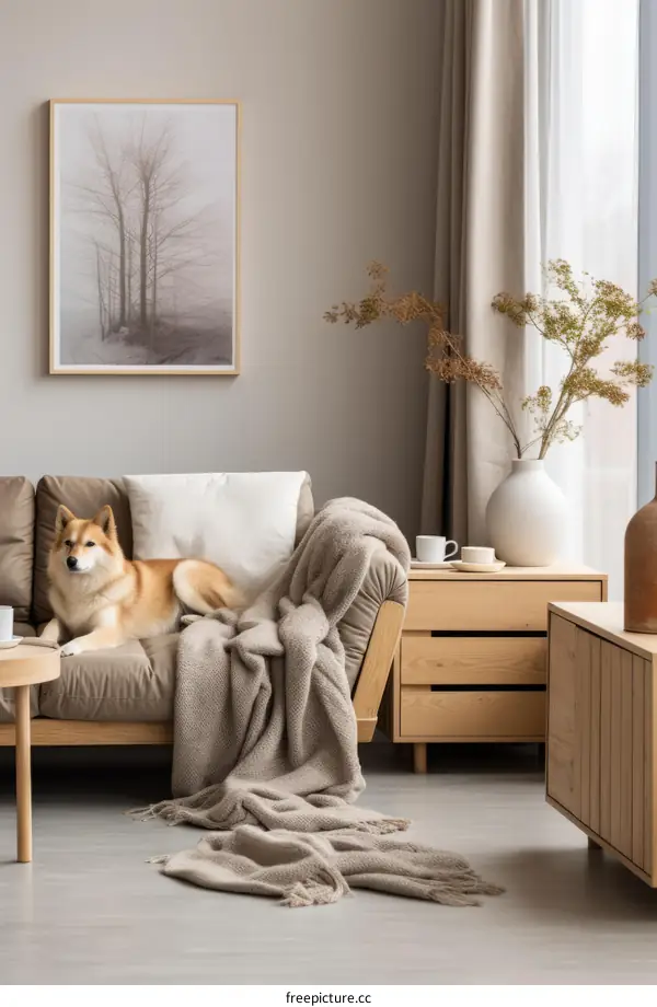 A dog lying on a couch in a living room