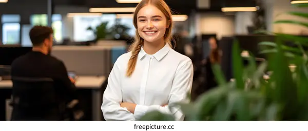 Smiling Woman With Blonde Hair Standing In Modern Office