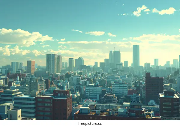 A Metropolis with Many Skyscrapers and a Clear Blue Sky