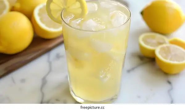 Refreshing Lemonade with Lemon Slice and Ice Cubes