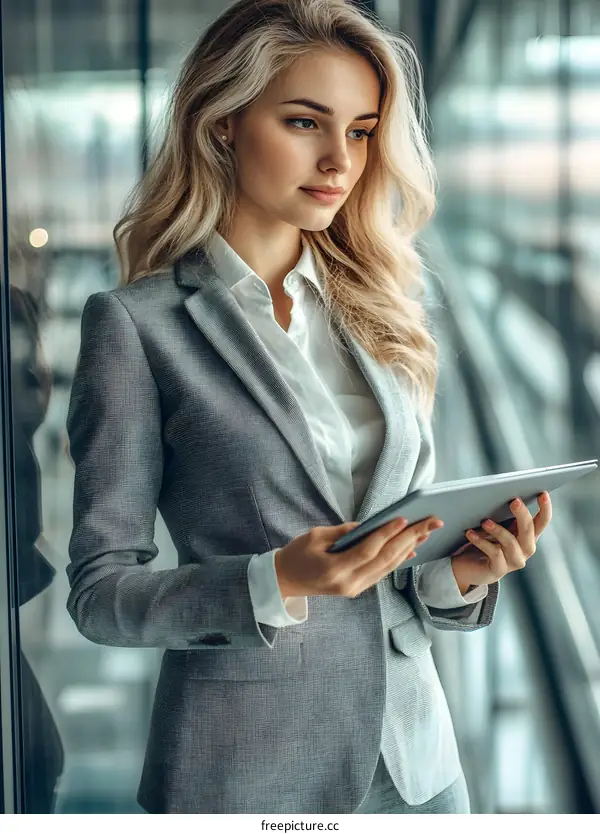 Business Woman Looking at Tablet in Office