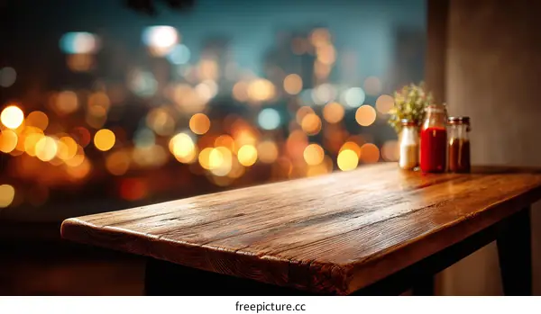 Wooden Table Top with City Lights Background