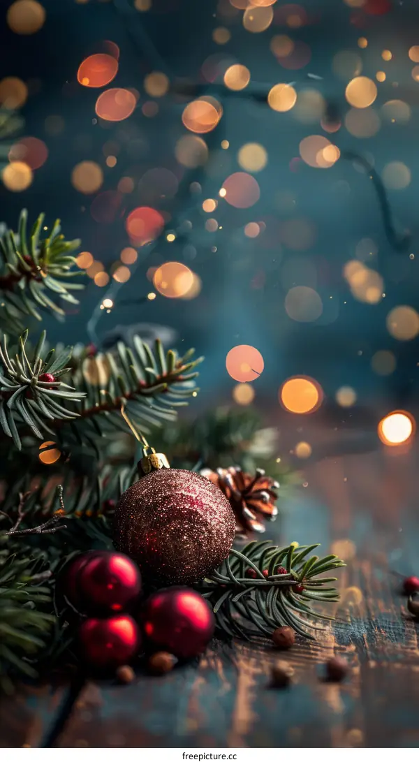 Festive Christmas Background with Fir Branches and Ornaments