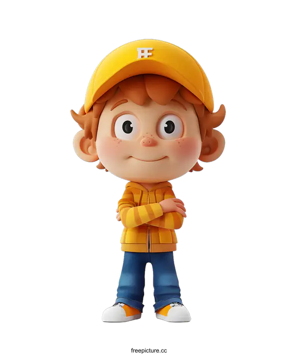 [Transparent Background PNG]3D cartoon character of a boy wearing a yellow cap and blue jeans
