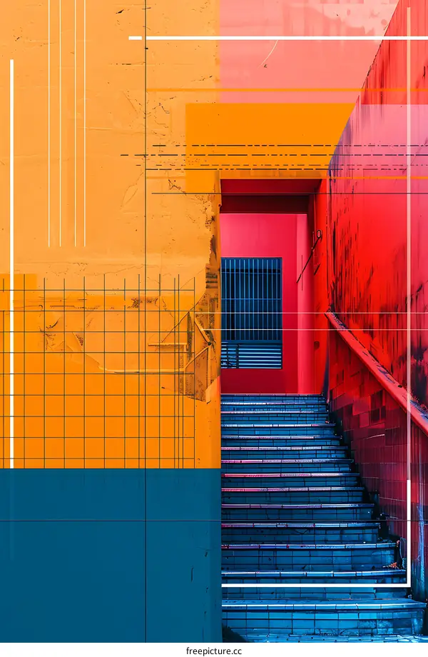 Abstract Building Architecture With Staircase In Red And Orange Colors