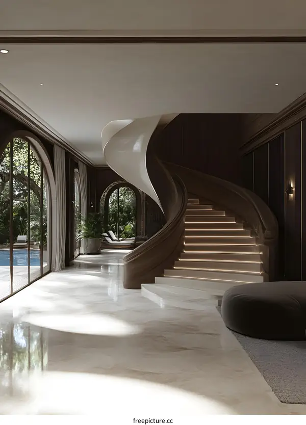 Modern Interior Design with Curved Staircase and Sunlight