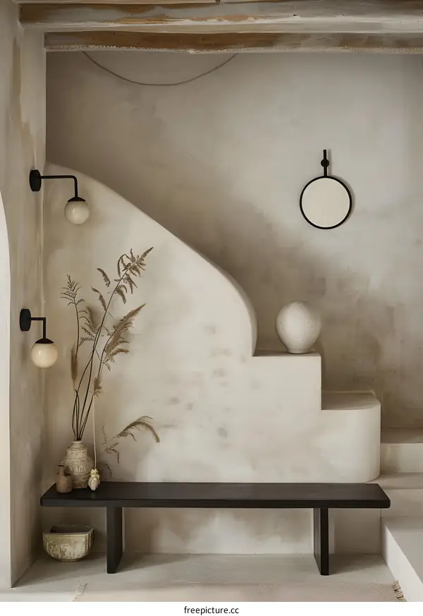 Minimalist Interior Design With Curved Wall And Wooden Bench