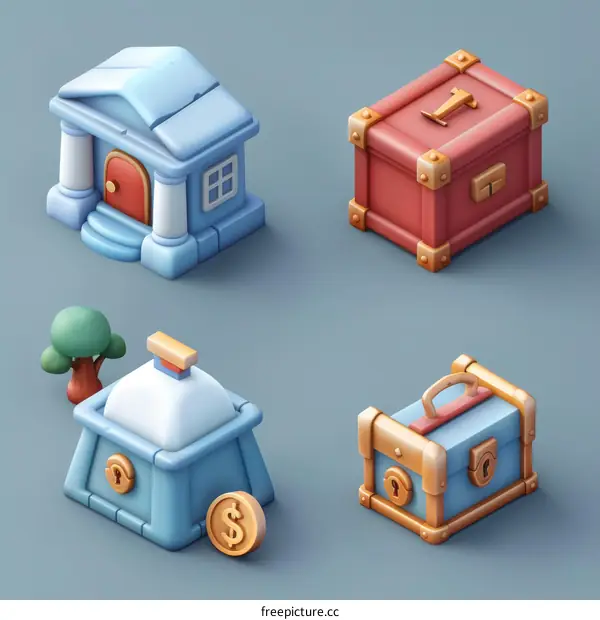 isometric 3d building and treasure chest