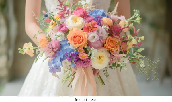 A bride holds a bouquet of colorful flowers including pink, orange, yellow, and blue flowers with green foliage