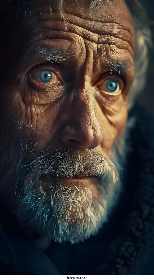 Close-up of an old man with a beard and wrinkles