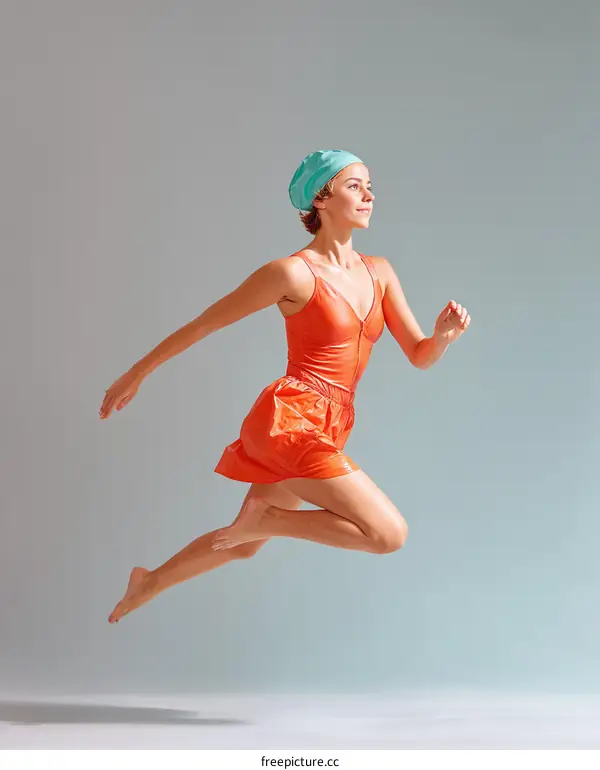 A Woman in an Orange Jumpsuit Running in a Studio