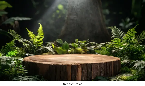 Wooden Stump Display in Lush Forest Setting