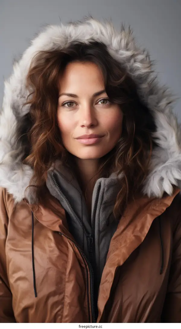 Beautiful young woman in a brown winter jacket with fur hood