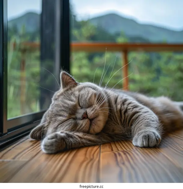 A gray cat sleeping on a wooden floor in front of a door