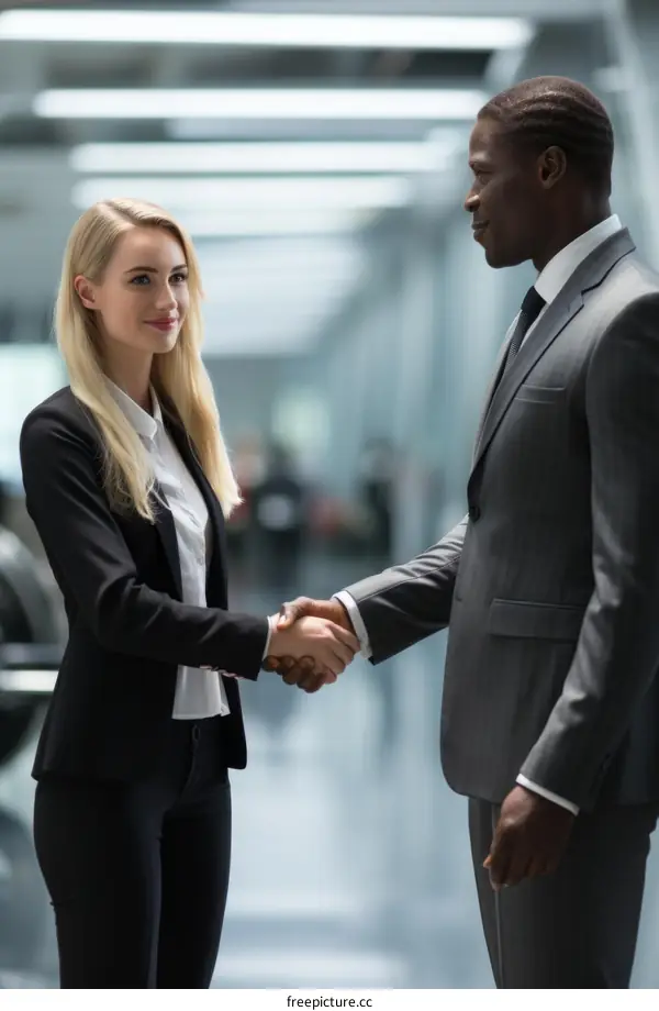 Business handshake between a black man and a white woman