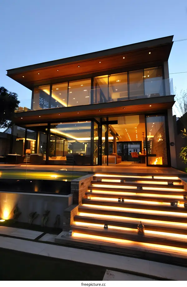 Modern House With Illuminated Stairs And Pool