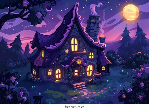 Nighttime Fantasy House with Moon and Stars