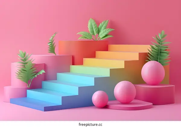 Rainbow stairs with pink balls and plants