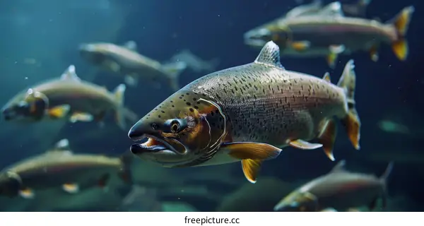 A school of fish swims in the ocean.