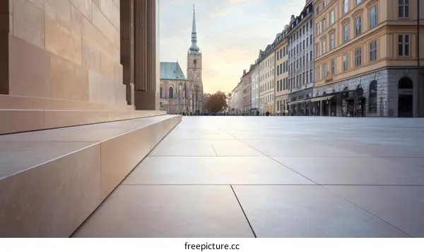 European City Square at Dawn with Buildings and People