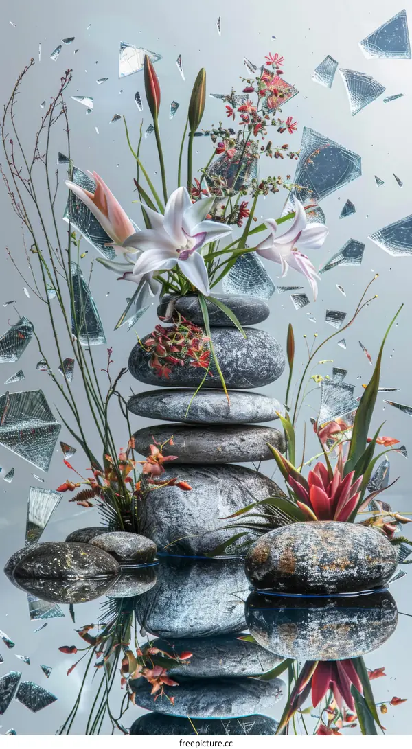 Still life with flowers and stones